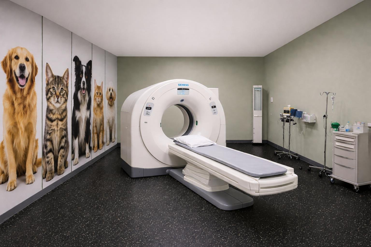 A veterinary imaging room with a CT scanner, medical equipment, and wall art depicting dogs and cats.
